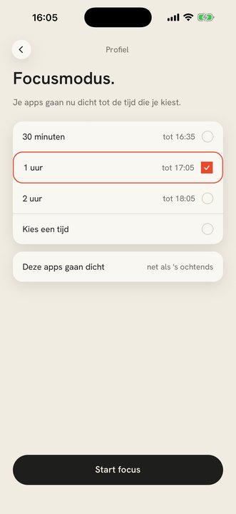 Het scherm Focusmodus in de app: je apps gaan nu dicht tot de tijd die je kiest, met 30 minuten, 1 uur, 2 uur of een eigen tijd