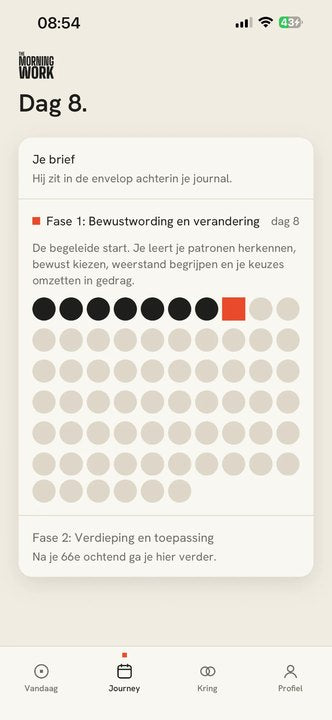 Het scherm Journey in de app: Dag 8, fase 1 Bewustwording en verandering, met een rij bolletjes voor de afgeronde ochtenden