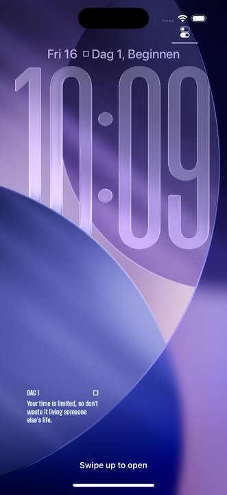 Het vergrendelscherm van een iPhone met bovenin Dag 1 en onderin de quote van de dag